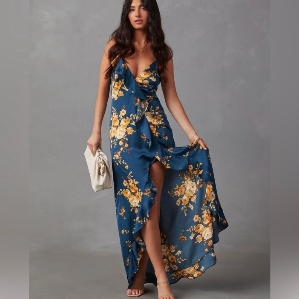 Vici Dolls Capriccio Satin Floral Ruffle Maxi Dress